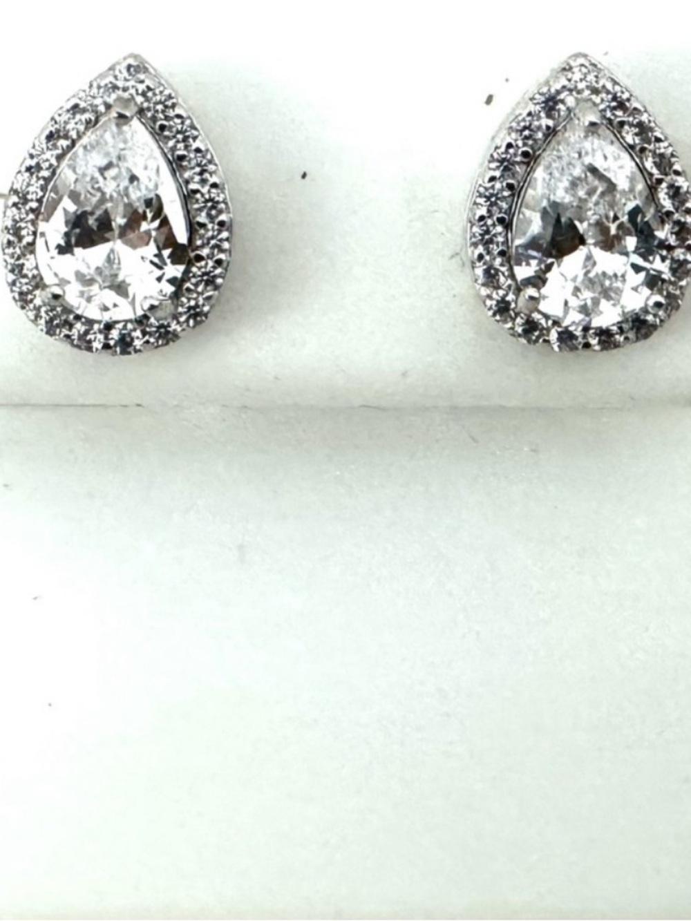 Sterling Silver 925 NWT Pear Teardrop CZ Halo Stud Earrings + Pouch